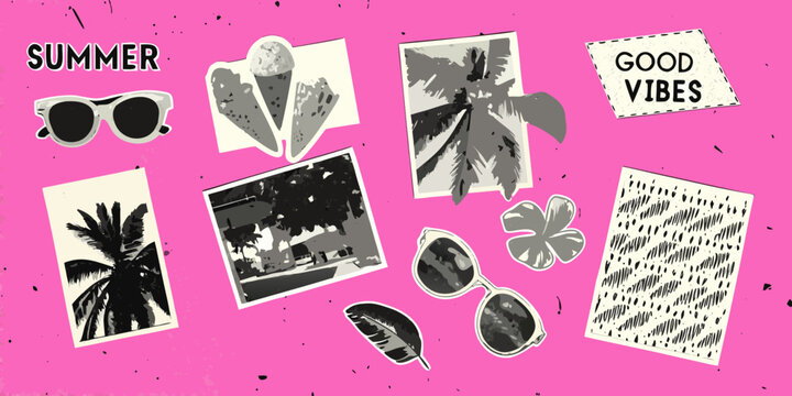 Summer vacation collage with sunglasses palm trees ice cream and good vibes on pink