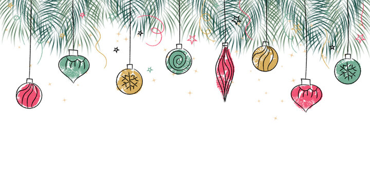 Hand drawn Festive doodle ornaments dangle from pine branches, swirling with stars and ribbons in soft reds, greens, and golds, creating a cheerful holiday border. Merry Christmas, crayon doodle.