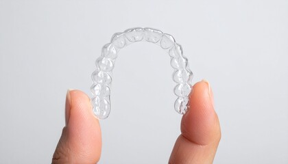 Clear aligner held in hand against a white background for orthodontics and smile correction for straighter teeth.