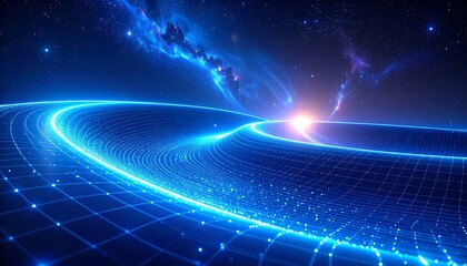Glowing grid over a curved plane with a nebulae and bright star in the background, all in shades of blue