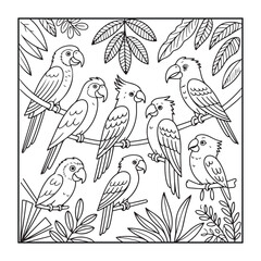 Parrots in the Jungle: An intricate illustration captures the vibrancy of the jungle, featuring an array of exotic birds. Each bird has unique character, poised on a branch amidst lush foliage.