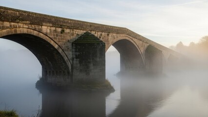 Fototapeta premium Ancient stone bridge emerges from morning mist