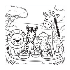 Safari Feast: A charming illustration depicts a delightful gathering of beloved safari animals, feasting on a colorful array of fresh fruits.