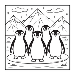 Penguin Illustration on Ice: A heartwarming illustration showcases a cluster of penguins huddled together on an icy surface, against a backdrop of snow-capped mountains and fluffy clouds.