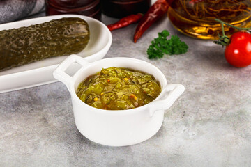 Souce gherkin relish with marinated cucumbers