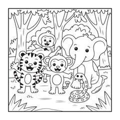 Jungle Friends: An adorable scene unfolds in the heart of the jungle, featuring a tiger, elephant, monkey, snake, and another monkey, all gathered together in a celebration of friendship and unity.