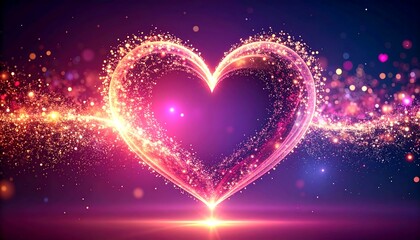 Glowing heart outline formed by shimmering particles on purple background, with light trails and bokeh effects