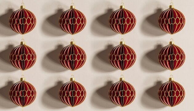 Repeating pattern of red geometric Christmas ornaments on a light textured background.