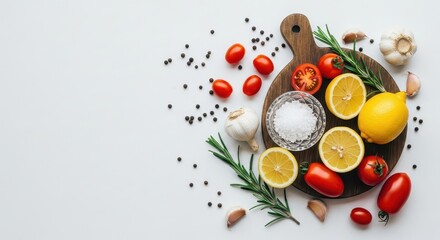 Fresh Tomatoes Lemons and Herbs Arranged on a Cutting Board for Healthy Cooking