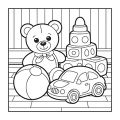 Child's Play Collection: A delightful arrangement of classic toys invites a world of imagination and fun, featuring a teddy bear, building blocks, a ball, and a toy car.