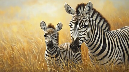 Fototapeta premium Two young zebra foals standing in a sunlit african savannah, wildlife nature scene