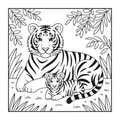 Striped Tiger's Tender Moment: A striking illustration of a tigress and cub, evoking the raw beauty of the animal kingdom.