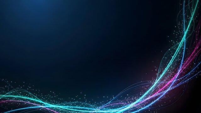 Abstract digital flowing lines with glowing particles on dark blue background - Powered by Adobe
