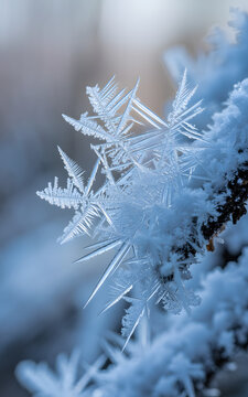 Extreme closeup of beautiful intricate hoar frost crystals on a twig