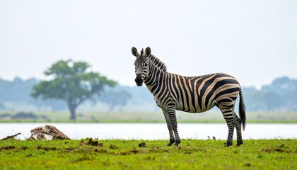 Obraz premium Zebra Standing in a Lush Meadow Beside a Lake in Africa Grassy Landscape and Scenic Wildlife.