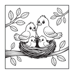 Nesting Birds in Tree: A charming illustration showcases a bird family, nestled comfortably in their nest, surrounded by lush foliage, evoking a sense of tranquility and the beauty of nature.
