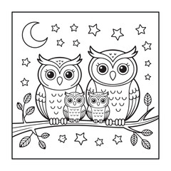 Family of Owls: The image captures a charming illustration of a family of owls perched serenely on a tree branch under a starlit night.  The moon casts a soft glow on the scene.
