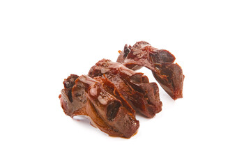 Spicy Duck Gizzards Ready to Eat - Cooked Asian Delicacy Appetizer on White Background