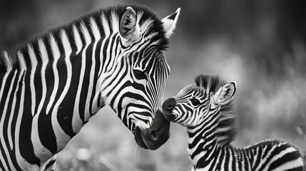 Fototapeta premium Two young zebra foals standing in a sunlit african savannah, wildlife nature scene
