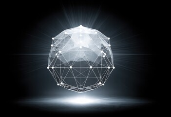 Abstract glowing sphere with connected dots and lines representing global network and technology.