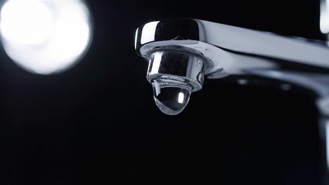 Macro Shot of a Dripping Faucet Water Conservation and Plumbing Issues Visualized in High Detail Showcasing Water Waste and the Need for Repair.