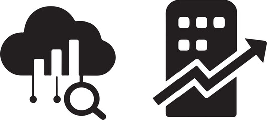 Building with chart lines and upward trend arrow in modern business growth vector silhouette illustration.
