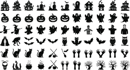 Halloween silhouettes, haunted house, jack-o'-lantern, ghost, witch, monster, vampire, bat, cat, cauldron, tree, black vector