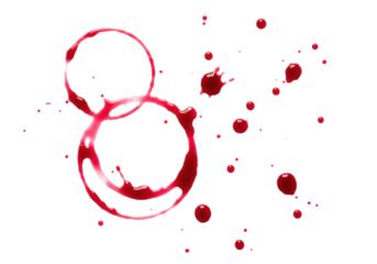 Vibrant red wine glass ring stain, organic drying lines, scattered splatters on a pristine transparent background, minimalist concept for beverage branding