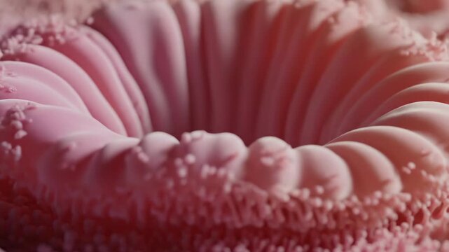 3D abstract animation of pink coral tentacles or intestinal villi moving gently with macro depth of field