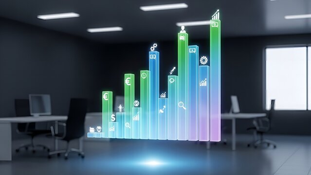 Modern business growth chart shows success in a bright, professional office environment forecasting positive trends