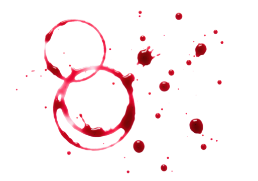 Vibrant red wine glass ring stain, organic drying lines, scattered splatters on a pristine transparent background, minimalist concept for beverage branding