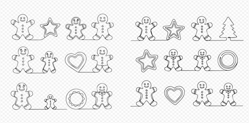Continuous line art illustration of various gingerbread cookies including men, stars, hearts, and a Christmas tree on a transparent background.
