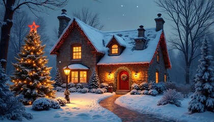Snow covered cottage decorated with bright lights and a large xmas tree in yard. Cozy winter evening scene with warm glow from windows. Festive home for holiday season.