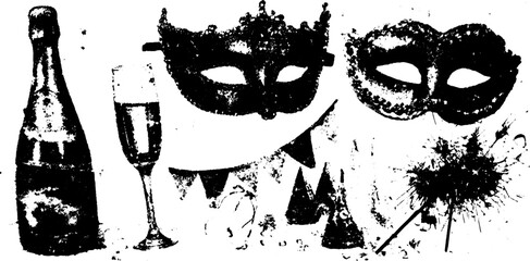 Celebration scene featuring a champagne bottle, glass, and masks. Vintage vector illustration set with festive elements and party decorations.