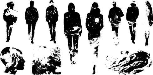 Silhouette figures walking in black and white. Abstract vector illustration captures movement and contrast in a unique set composition.