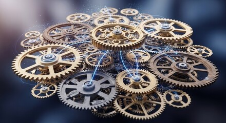 Intricate Gears Network: Golden and Silver Cogwheels with Electric Blue Connections