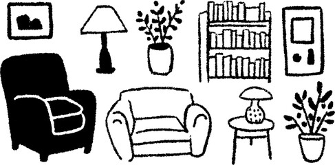 Furniture illustration set featuring a chair, lamp, and sofa. Modern vector design showcasing plants and a bookshelf for home decor.