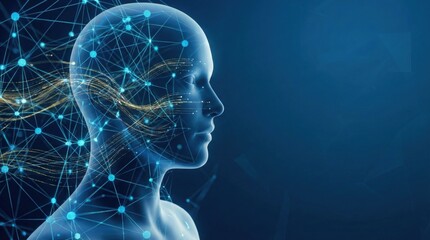 Abstract illustration of a glowing blue digital neural network connecting to a human head silhouette, representing artificial intelligence and data flow.