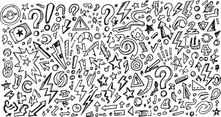 Hand-drawn doodle elements including arrows stars and question marks illustration for design and decoration isolated on white