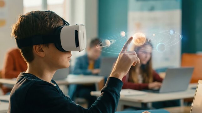 Young student boy wearing a VR headset touching a virtual hologram of the solar system in a brightly lit classroom.