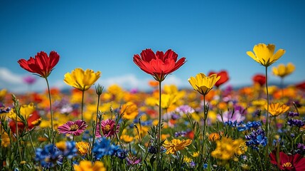 Vibrant Wildflower Meadow Featuring Red Poppies, Yellow Daisies, and Blue Cornflowers Under a Bright Blue Sky