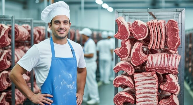 Smiling butcher wearing a chef hat and apron standing next to a rack of raw meat