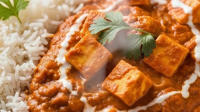 A captivating close-up shot reveals a steaming, vibrant bowl of savory food, rich with an inviting orange-hued sauce. Cubes of tender protein, perhaps a soft cheese, are generously coated in the thick