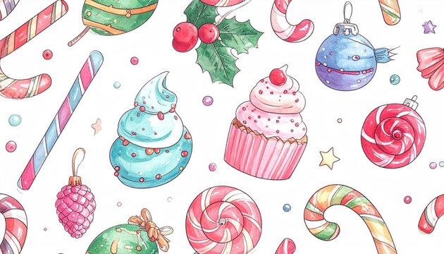 Watercolor Christmas Sweets and Ornaments Seamless Pattern Festive Holiday Design.