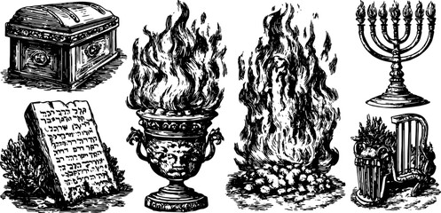 Set of historical artifacts including a flame, box, tablet, and menorah. Black and white vector illustration reflecting cultural significance.