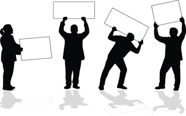 Protest silhouettes, blank signs, demonstration pose, editable vector, black icons, isolated figures, social message, public expression, activism concept, reflection effect