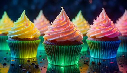 Delicious cupcakes with vibrant frosting and colorful sprinkles create a celebration atmosphere, perfect for birthday parties, sweet treats, and festive gatherings for friends