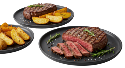 Three dark matte ceramic plates with grilled beef steaks, one sliced medium-rare, crispy potato wedges, rosemary, sea salt, and pepper on white, concept of gourmet food presentation