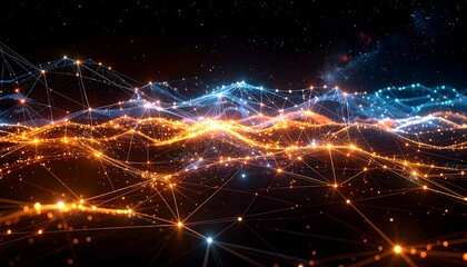 Glowing network of interconnected points and lines overlayed on a deep space background with nebulae and starlight