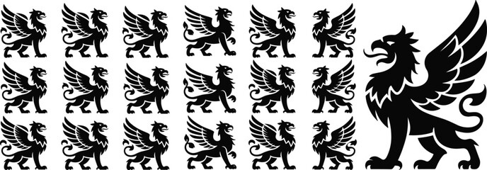 Griffin silhouette collection, mythical creature vector, fantasy beast design, winged animal icon, heraldic symbol, legendary creature, black griffin illustration, grid layout